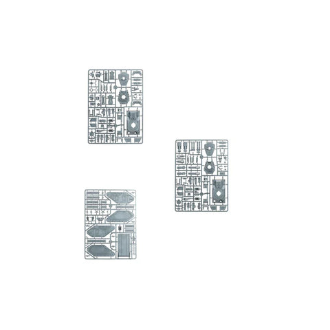 Plastic model sprues for assembling a sci-fi tank miniature kit on white background