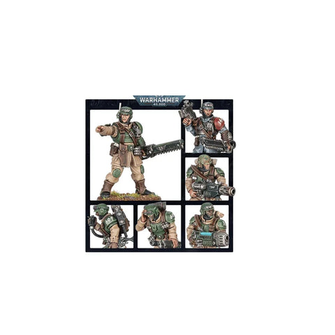 Warhammer 40,000 Cadian Shock Troops miniatures in detailed military gear with weapons