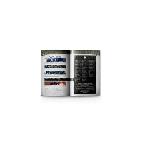 Open rulebook showing Warhammer Space Marines contents and army list pages.