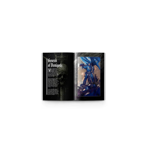 Open Warhammer 40k Codex showing Space Marine artwork and 'Genesis of Demigods' text.
