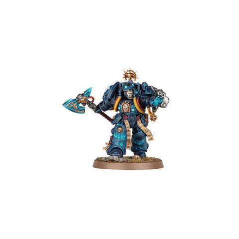 Painted Space Marine Librarian in Terminator Armour miniature, blue armour, holding axe