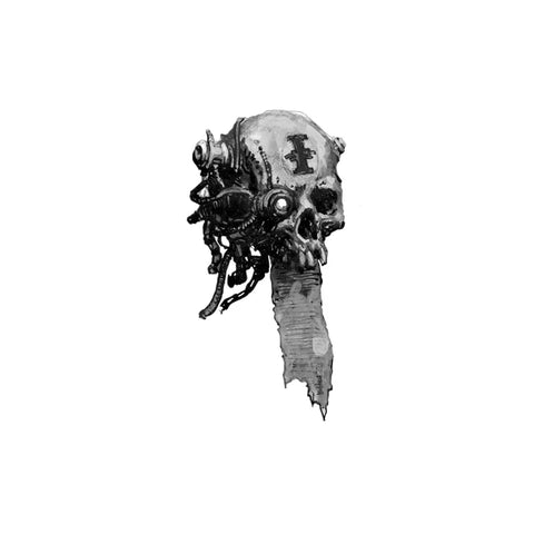 Mechanical skull with cables and a scroll, sci-fi collectible toy illustration