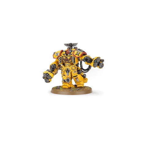 Yellow armored miniature figure with heavy weapons, sci-fi action figure collectible toy