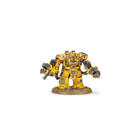 Yellow armored Space Marines Centurion Assault Squad miniature figure on display base