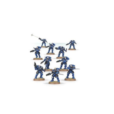 Set of detailed blue sci-fi Space Marines intercessor miniatures posed for tabletop gaming