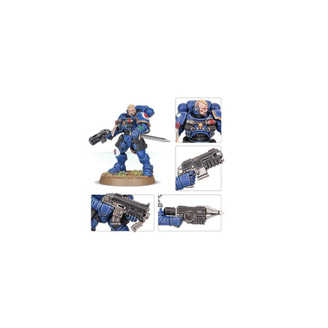 Blue armored space marine miniature with detailed weapons and accessories on display