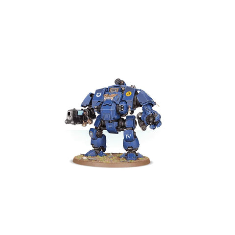 Blue Space Marines Redemptor Dreadnought miniature model on display base, tabletop gaming figure