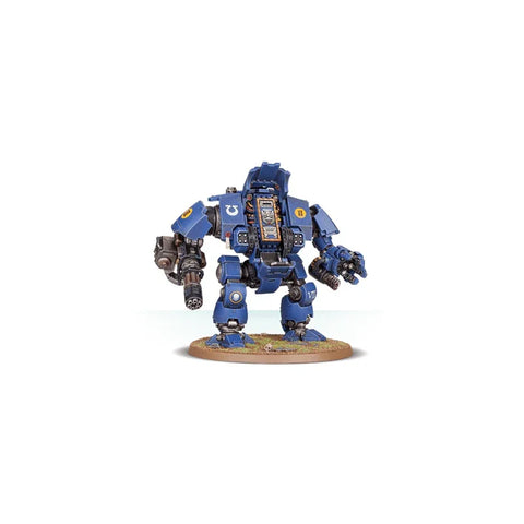 Blue armored Space Marines Redemptor Dreadnought miniature on round base, gaming collectible