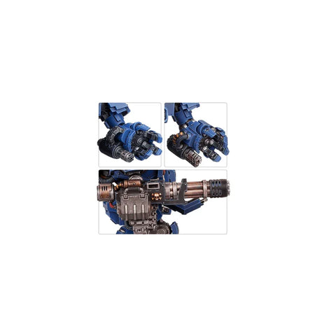 Close-up details of blue Space Marines Redemptor Dreadnought toy with weapon arms