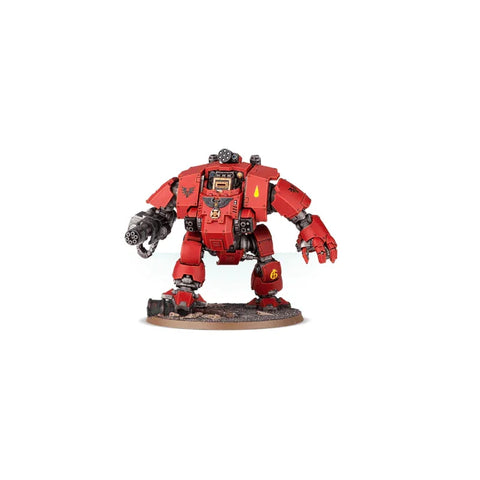Red armored Space Marine Dreadnought miniature on display base, robot toy figure collectible