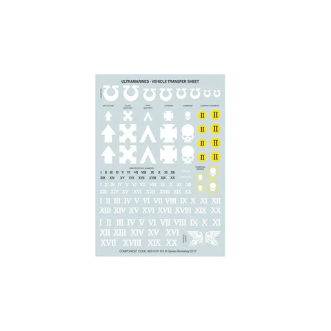 Ultramarines vehicle transfer sheet with symbols, numbers, and skull icons for model customization