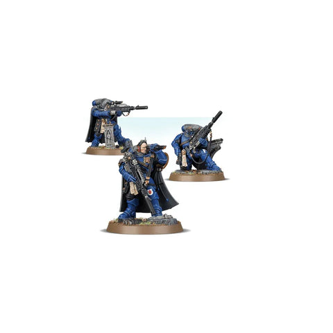 Three detailed blue-armored sci-fi soldier miniatures with rifles and capes on display bases