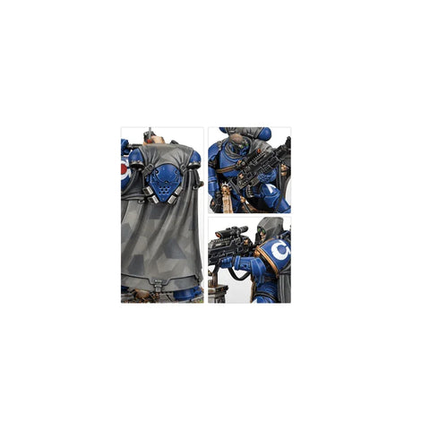Blue armored Space Marine Primaris Eliminator miniature with sniper rifle and camo cloak