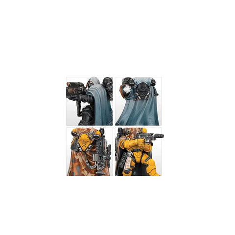 Four detailed sci-fi action figure miniatures in cloaks and armor, holding futuristic rifles.