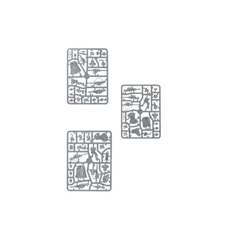Three plastic model kit sprues with unassembled miniatures and sci-fi weapon parts