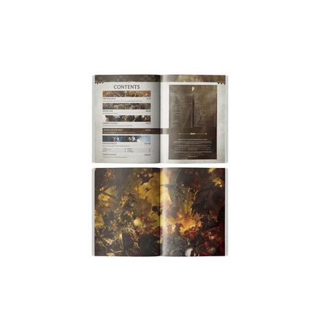 Open gaming rulebook with contents page and colorful battle artwork spread