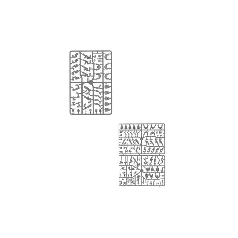 Plastic model sprues for tabletop game miniatures, parts displayed on white background