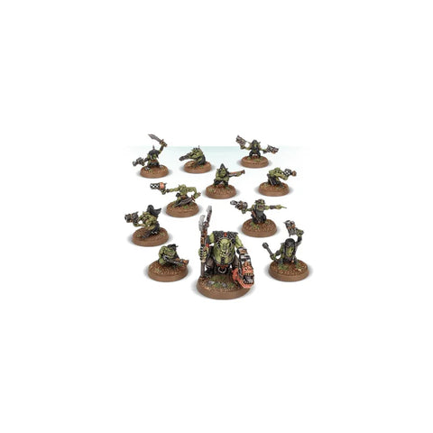Painted Warhammer Ork Runtherd and Gretchin tabletop gaming miniatures on display
