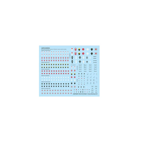 Adeptus Sororitas miniature decal sheet with various symbols on blue background for Warhammer 40k