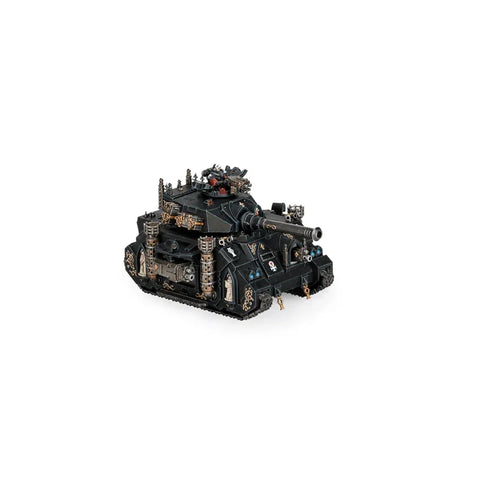 Warhammer miniature black armored tank model with gold accents and large cannon