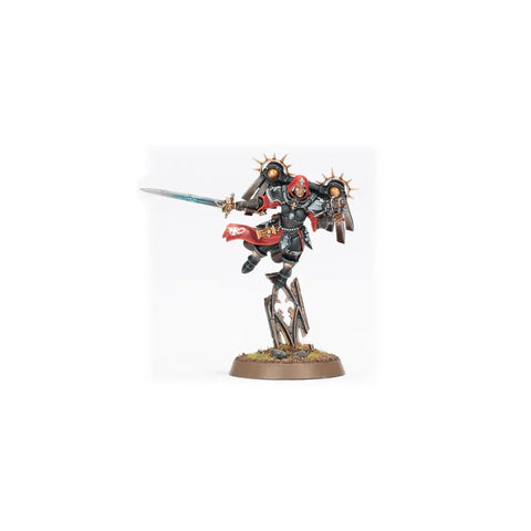Warhammer Adepta Sororitas Canoness miniature with jump pack, sword, and ornate base