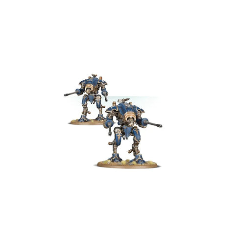 Two painted blue and gold miniature robot knight models on display stands.