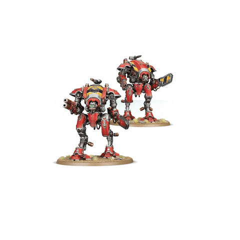 Two red Imperial Knights Armiger miniatures on display bases for tabletop wargaming.