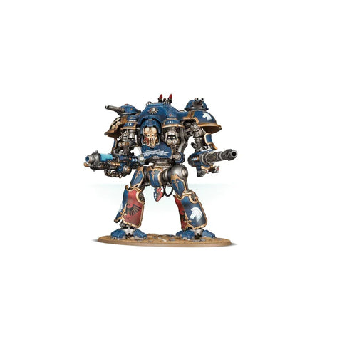 Imperial Knights Dominus class blue and gold tabletop miniatures figure with heavy weapons
