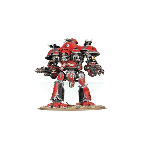 Red armored robot miniature with heavy weapons, tabletop gaming collectible figure