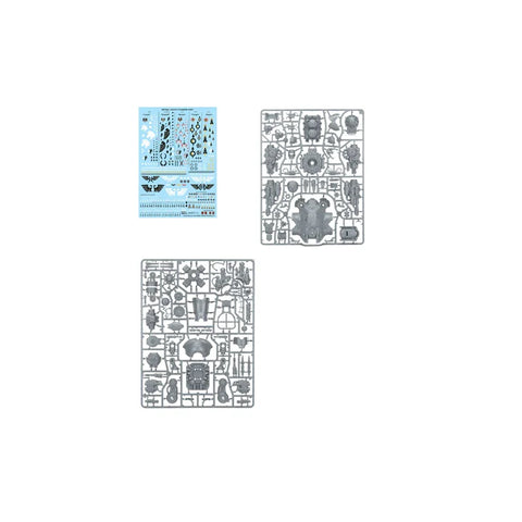 Plastic model kit sprues and decal sheet for a tabletop game miniature.