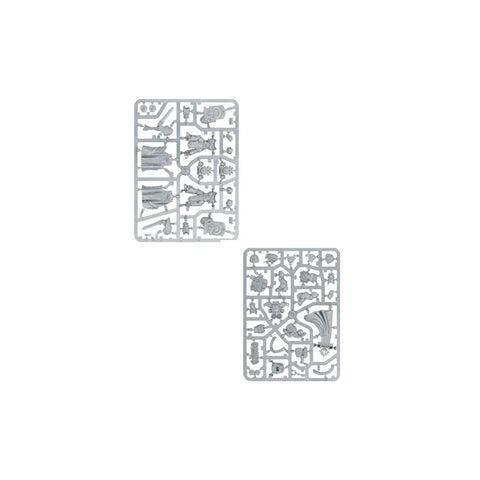 Plastic model sprues with parts for assembling tabletop game miniatures on white background