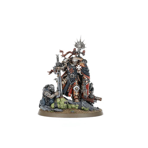 Painted Black Templars miniature with ornate armor, sword, and battlefield base, collectible figure