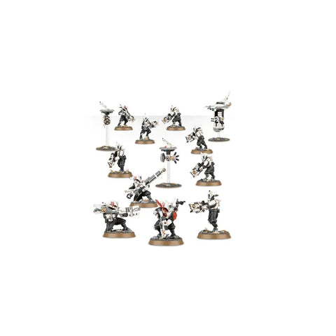 Painted sci-fi tabletop miniatures, Pathfinder Team figures with weapons, on display bases.