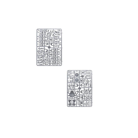 Two plastic model sprues for tabletop miniatures assembly, pieces arranged in grids.