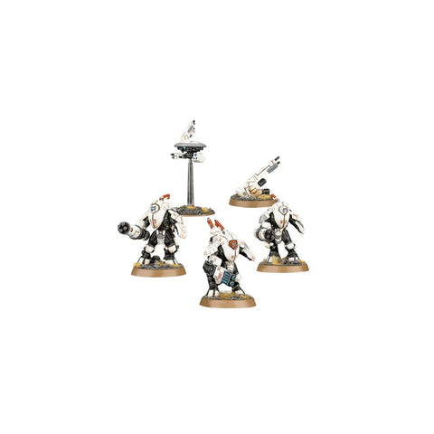 Tau Empire Stealth Battlesuits miniatures set with drones on round bases, painted white and black