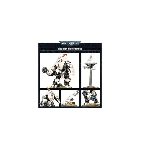 Tau Empire Stealth Battlesuits miniatures set, white armored figures, sci-fi tabletop game