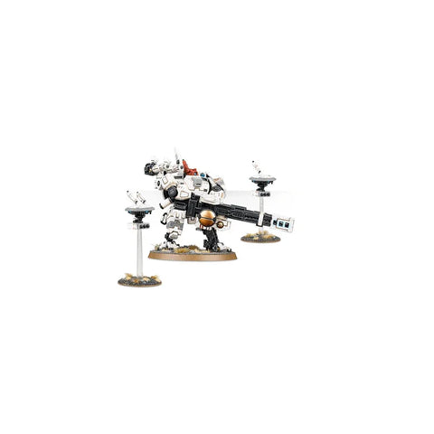 Tau Empire Broadside Battlesuit tabletop miniature with drones on display base