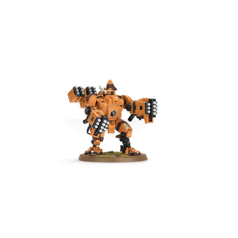 Tau Empire Broadside Battlesuit miniature, orange mech with missile pods on round base