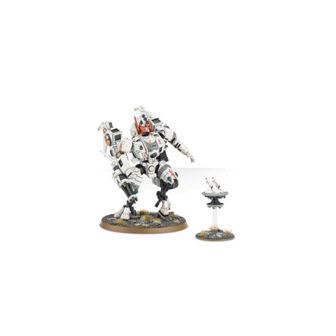 Painted Tau Empire Commander miniature figure and drone on display base, tabletop war game model.