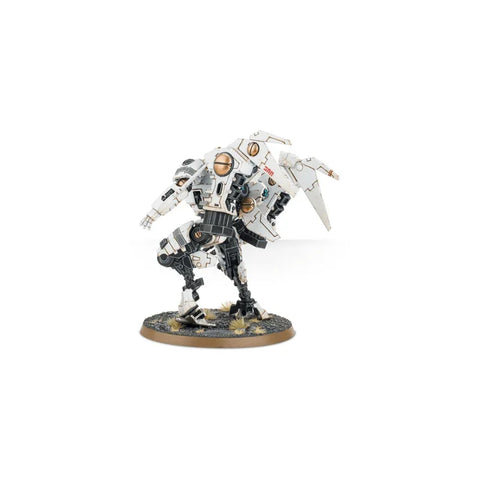 Tau Empire Commander miniature model, white and grey mech suit on a textured base