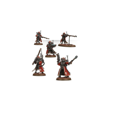 Adeptus Mechanicus Skitarii miniatures set, sci-fi tabletop game models in red armor.