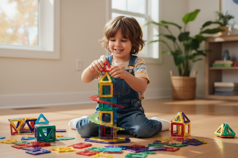 Child playing with colorful building blocks on a wooden floor.