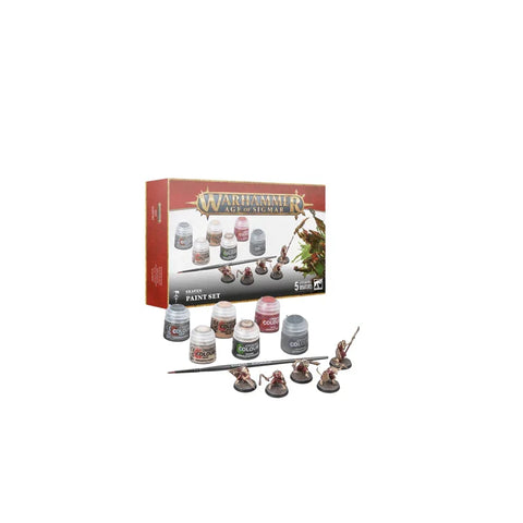 Warhammer Age of Sigmar paint set with paints, brush, and miniatures for tabletop gaming