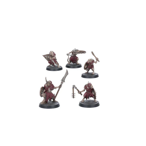 Set of five fantasy rat warrior miniatures with weapons on round black bases