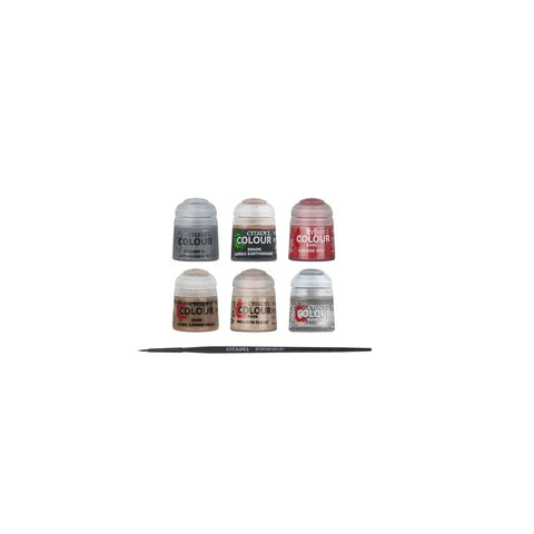 Miniature painting set with six Citadel Colour paint pots and a detail paintbrush