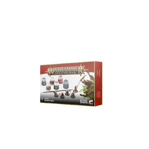 Warhammer Age of Sigmar paint set box with paint pots and miniatures for hobby gaming