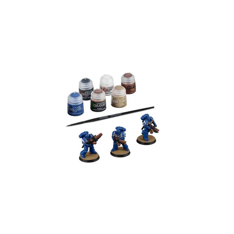 Miniature paint set with Citadel Colour paints, brush, and three blue space marine figures
