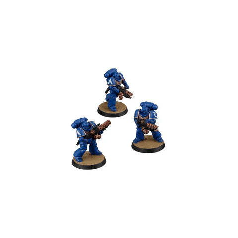 Three blue armored space marine miniatures with weapons on round bases, tabletop game figures