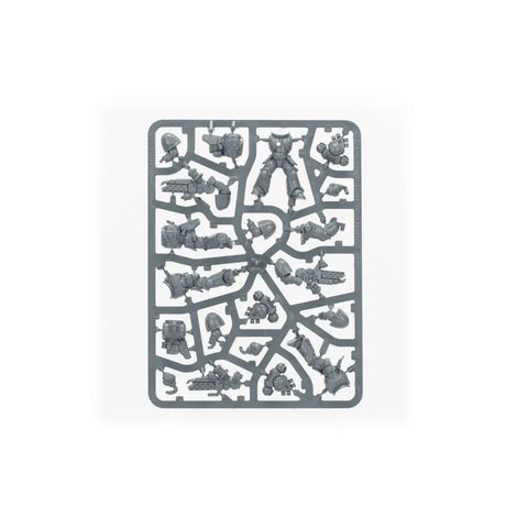 Plastic miniature sprue with unassembled sci-fi marine model parts for tabletop gaming.