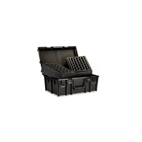Black hard plastic miniature figure case with foam inserts for game and toy storage